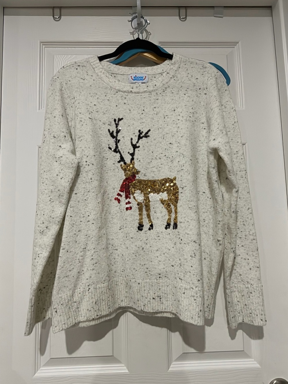 White Sequin Reindeer Crewneck Sweater - Womens